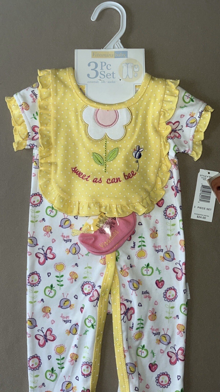 9 Months Girls “Bee” THREE Piece Outfit Set~Coverall, Bib & Socks, New With Tags
