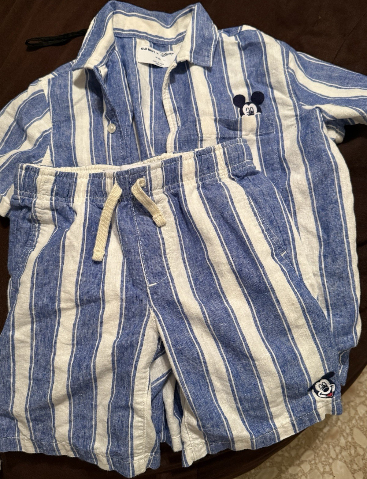 Old Navy x Disney Mickey Mouse Boys 2pc Linen Striped Shirt & Shorts Set M (8)