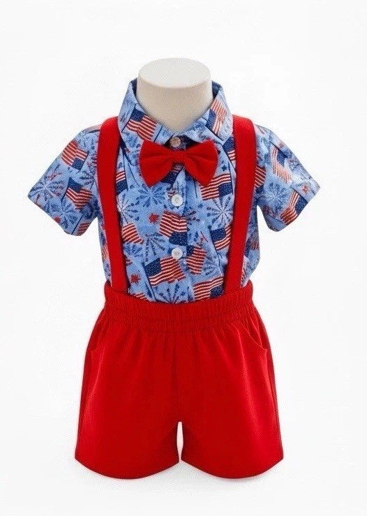 4th of July USA Flag Firework Romper Baby Boy Suspender Bow Tie Outfit New Set