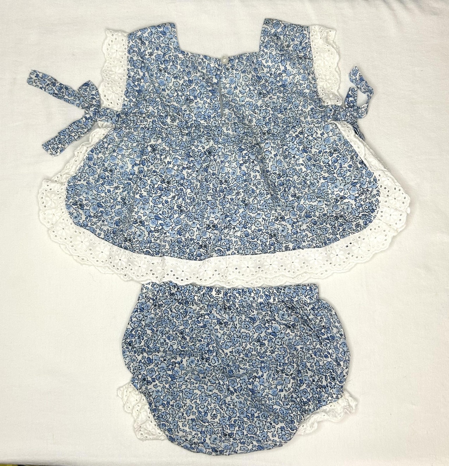 Sweet Magnolia Dress Set Baby Girls 3-6M Blue Floral Cotton Lace Eyelet Bloomers