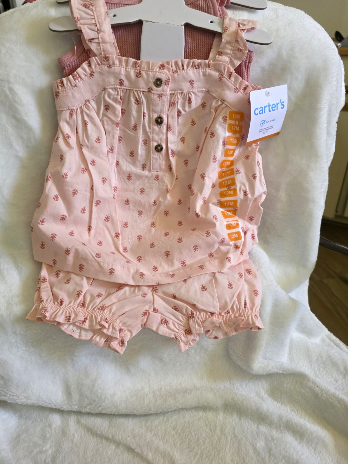 Carter’s Girls 12M 3pc Pink Floral Waffle Cotton Shorts Set Bodysuit Top