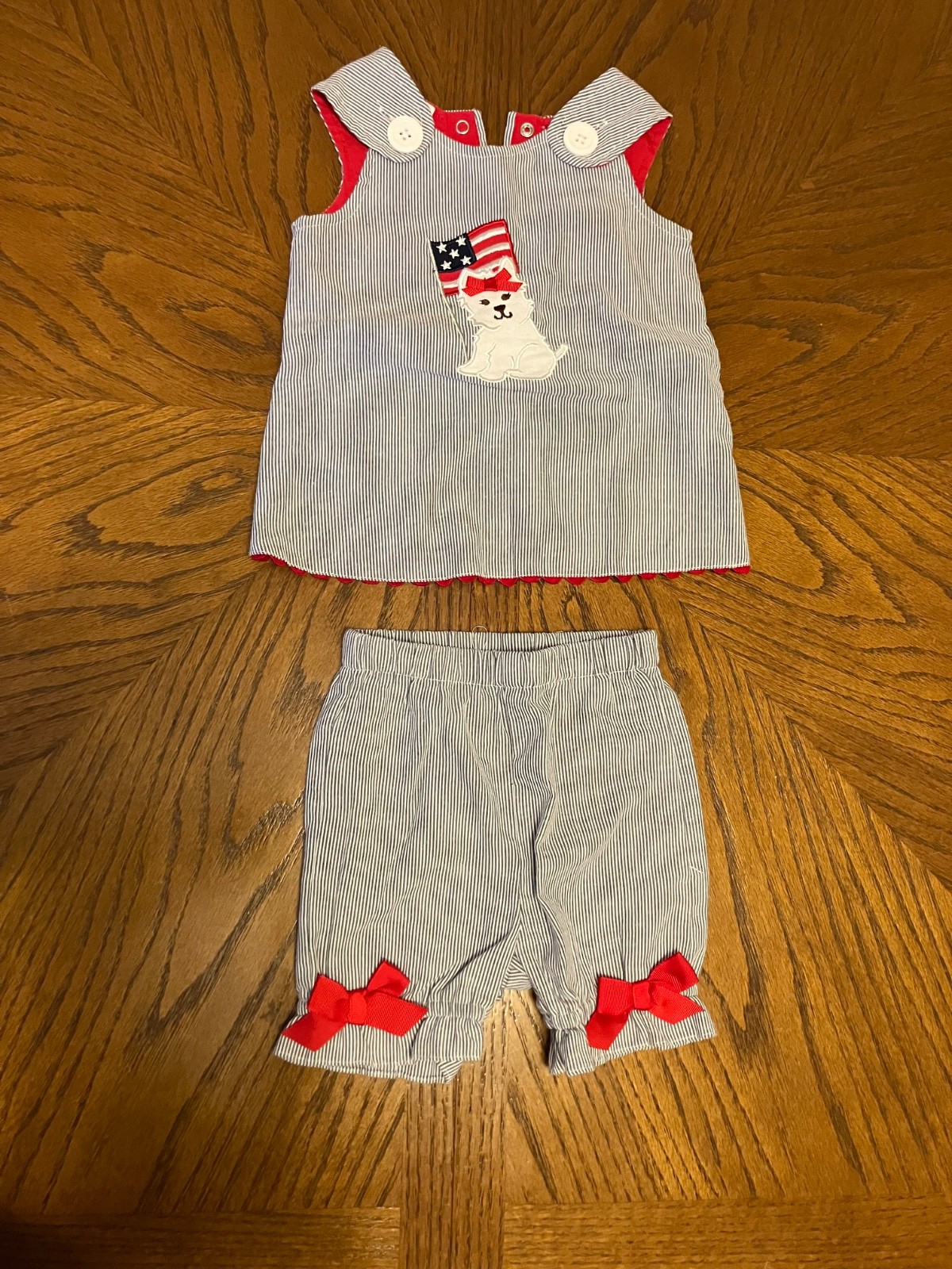 Cre8ions Shorts & Overalls 2 piece Set Stripes w/Dog & Flag Design Size 9M