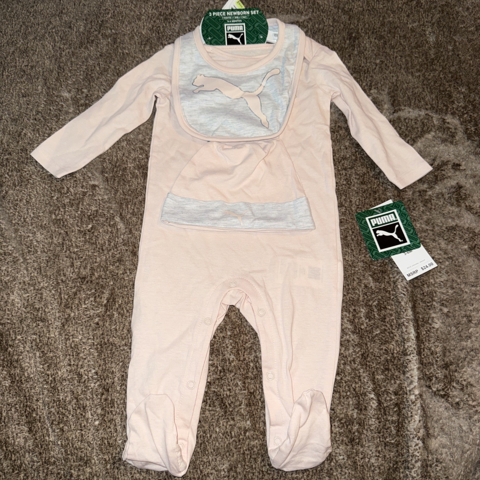 NWT PUMA Pale Pink & Heather Grey 3 Piece Newborn Set 3-6 Months Footie Bib Hat