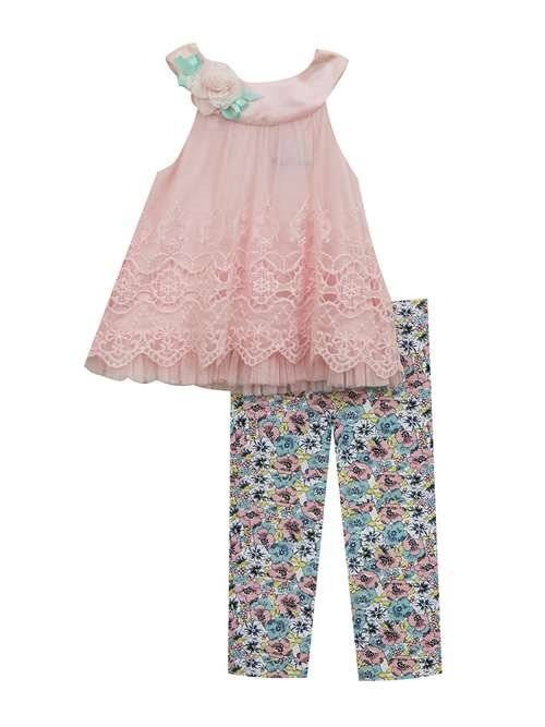 Rare Editions Pink Embroidered Mesh Top & Floral Leggings Set 12 Months