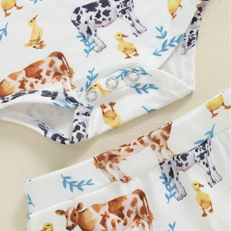 Newborn Baby Girls Boys Cow-print Jumpsuit Shorts Headband Clothing Bodysuit Set