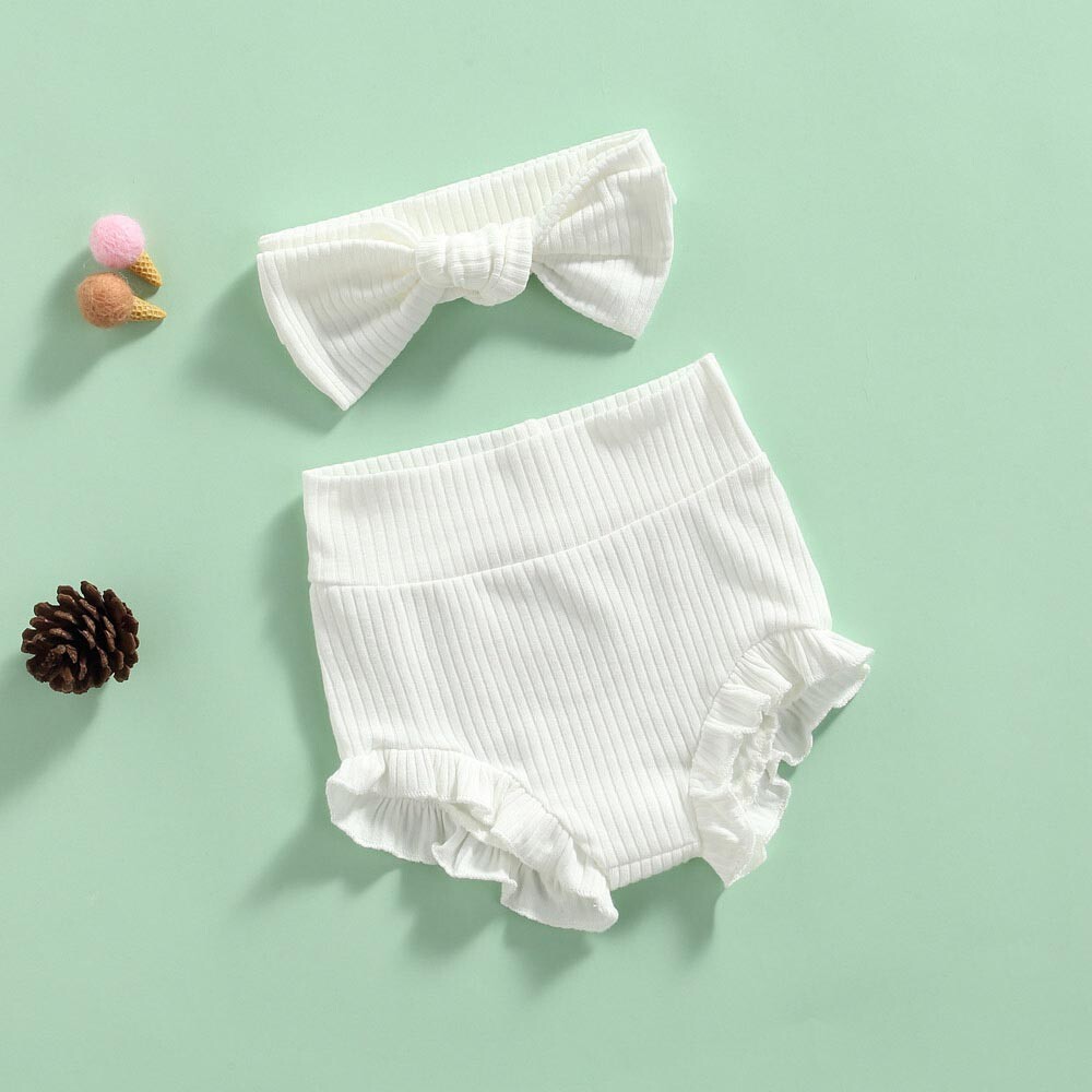 Newborn Infant Baby Girl Ruffle Short Pants Solid Headband Clothes Outfits Set