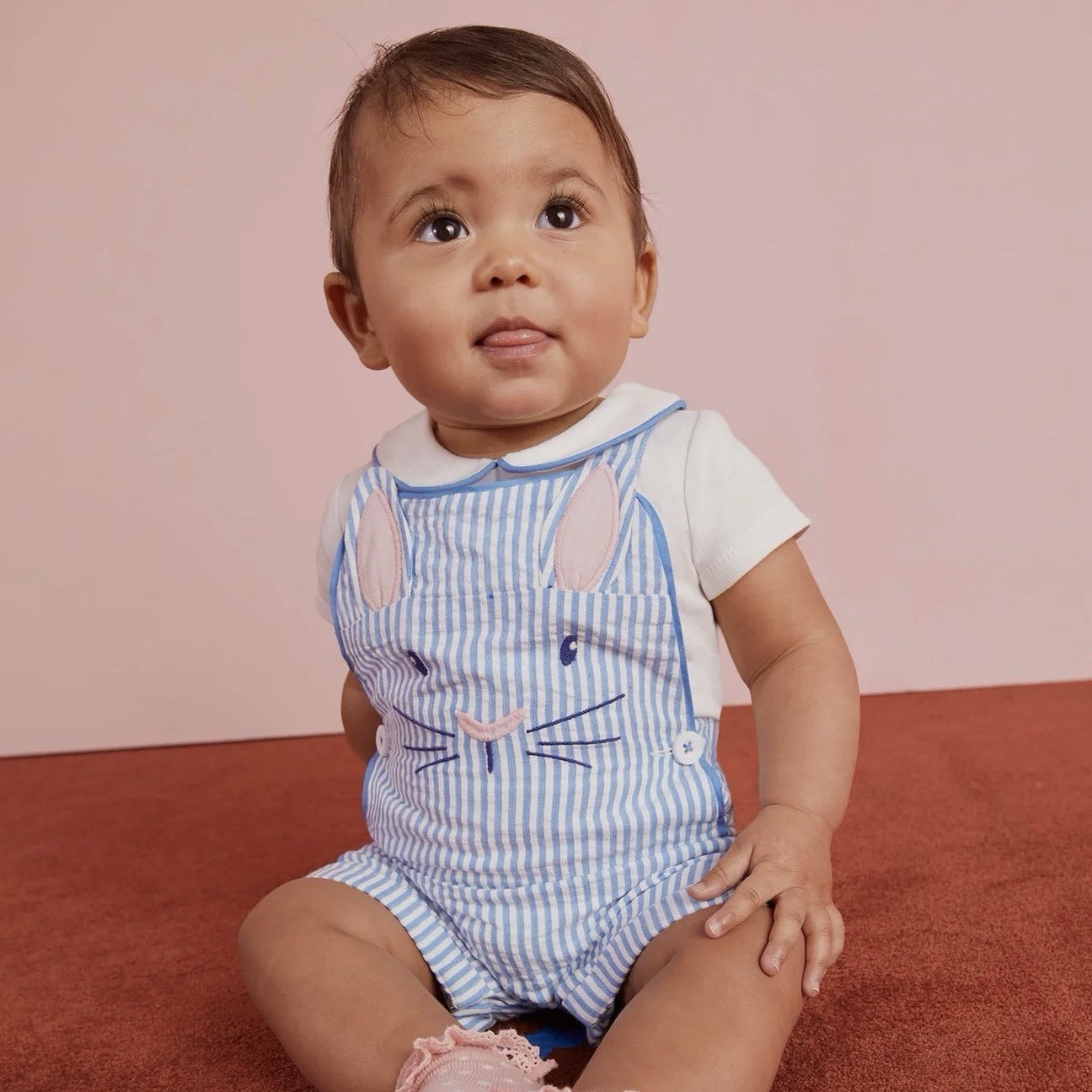 Mini Boden Blue Stripe Bunny Romper & Peter Pan Collar Bodysuit Matching Set