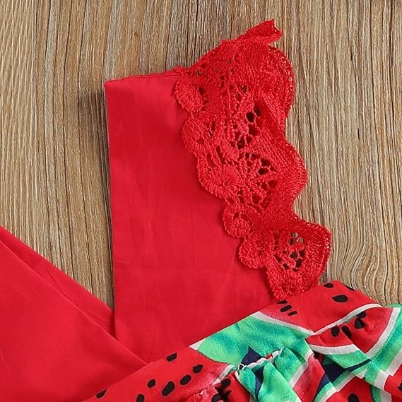Newborn Baby Girls Watermelon Print Lace V-neck Romper Dress Jumpsuit+Headband