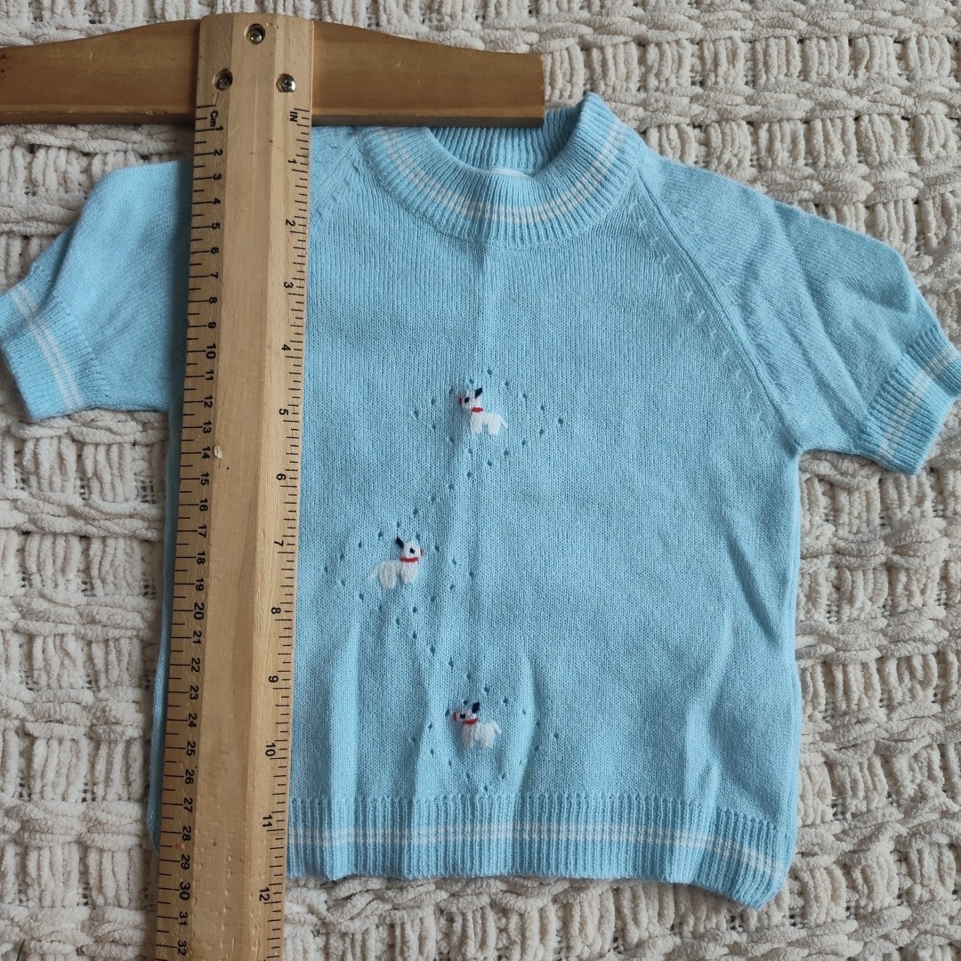 Vintage Baby Outfit Al Dino Knits Top Shirt Diaper Cover Shorts Blue Puppy Dog