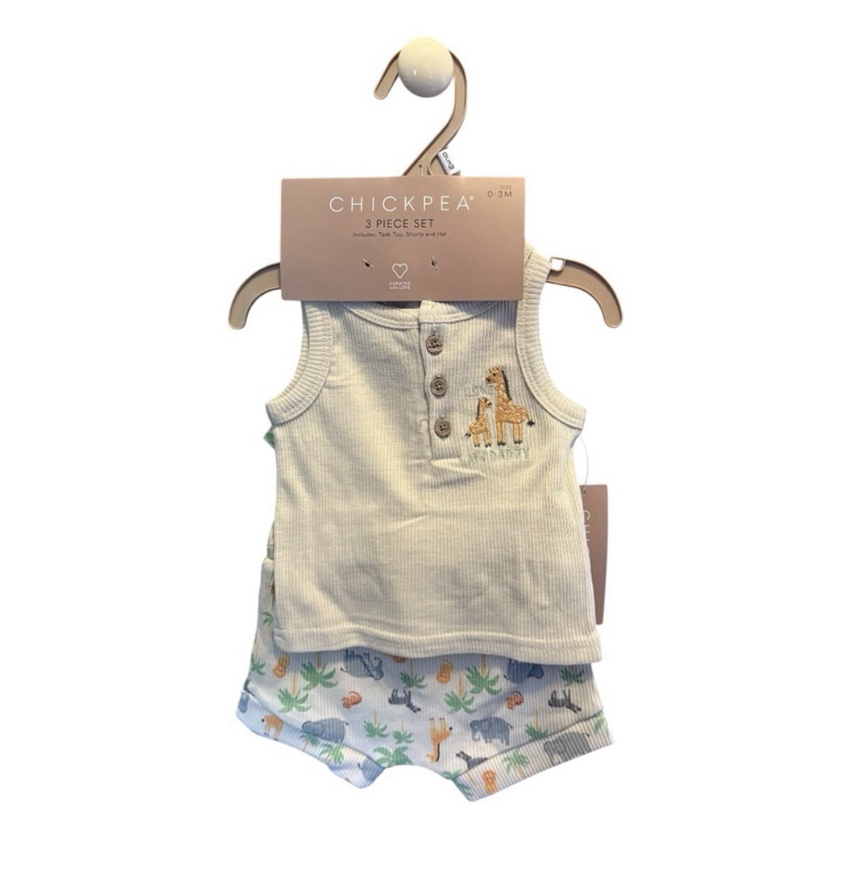 NWT Chick Pea Baby 3-Piece Outfit Set Tank Top Shorts Hat Safari Animals 0-3M