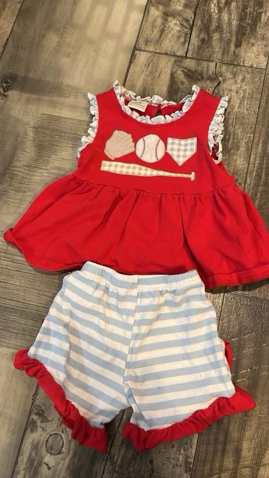 Boutique Baby Girls Baseball Outfit Set Red Blue Shorts 12 Months Game Day 2 Pc