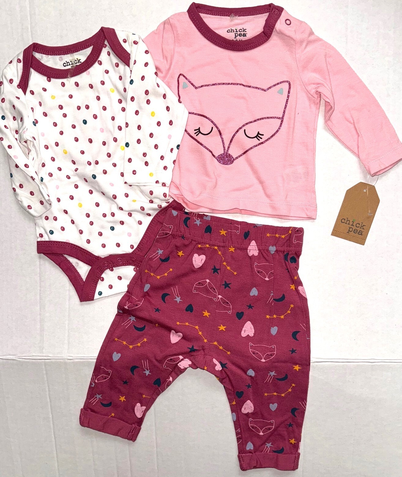 CHICK PEA 3 piece set maroon/pink/fox motif size 0-3 months