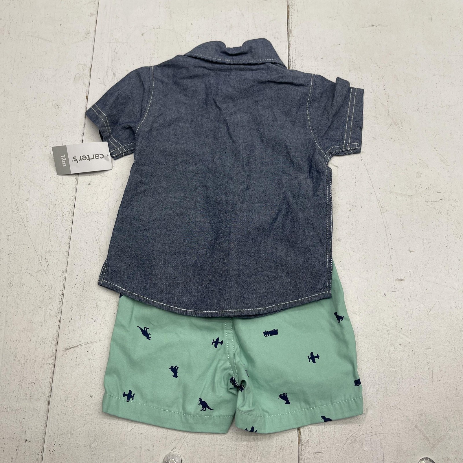 Carter’s Shirt Shorts Set Baby Boys 9-12M Blue Chambray Dino Transport 2 Piece