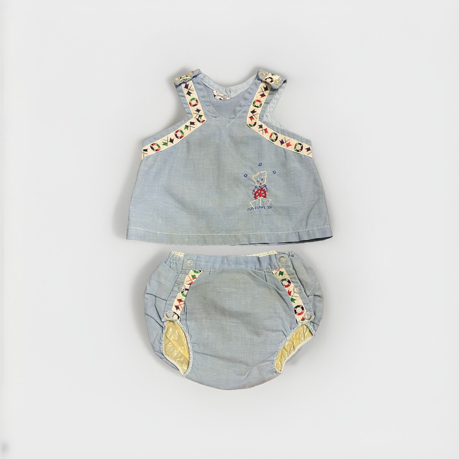 Vintage Bryan newborn chambray beach set with bear on a boat embroidery