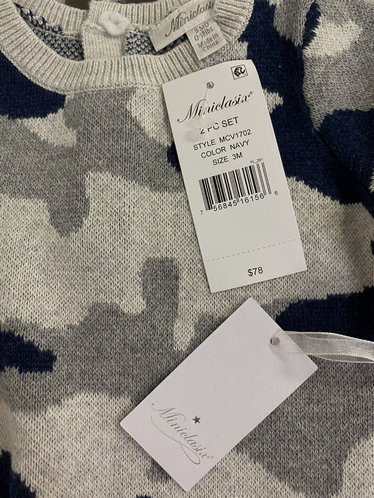 $78 Miniclasix Baby Boys Blue Camouflage Sweater & Pants Set Size 3M