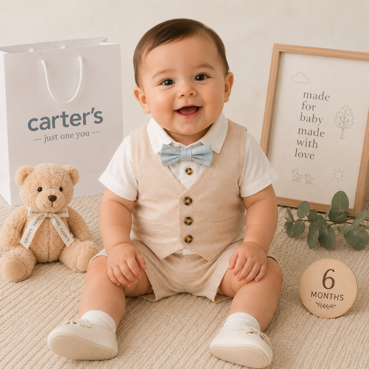 CARTERS Baby Boys New 4 Pc Outfit Set Vest Shorts Romper 6M Beige & White