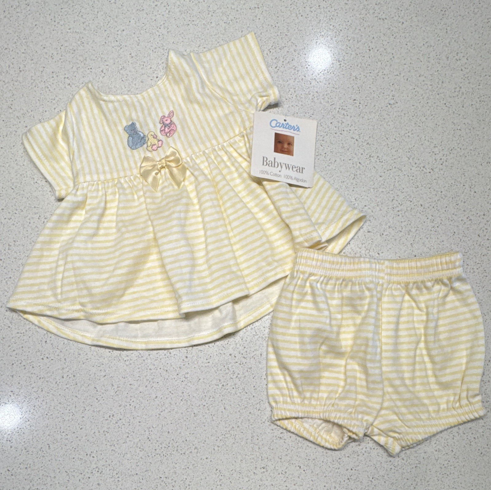 Vintage Carter’s Baby Girls 2pc Dress & Bloomers Yellow White Striped Bunny new