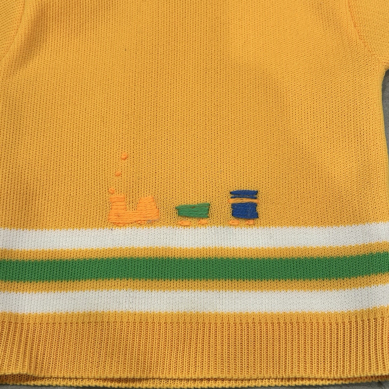 Vtg Confetti Knits Baby Train Sweater Japan 0-6 mths Short Sleeve Buttons Yellow