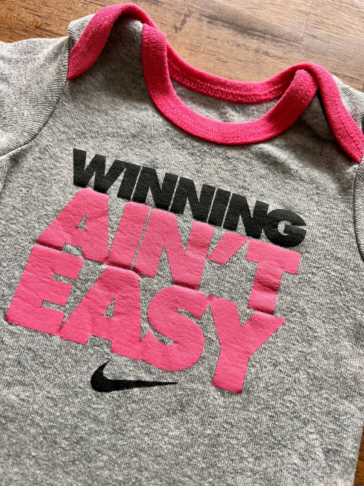 Nike Baby Newborn Girl 0-6 Months “Winning Ain’t Easy” Gray Pink 1 Piece Romper