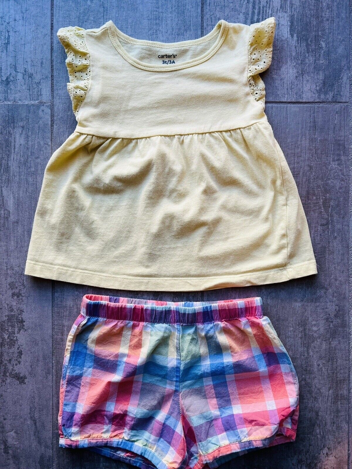 Toddler Girl 2 Piece Outfit Set Eyelet Top Sleeveless Babydoll & Plaid Shorts 3T