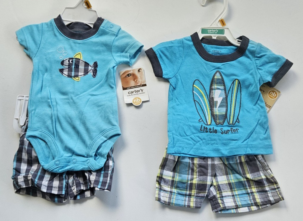 Carter’s Infant Boys NB Newborn Lot of 2 Shorts Shirt Set Summer Surfboard Fish