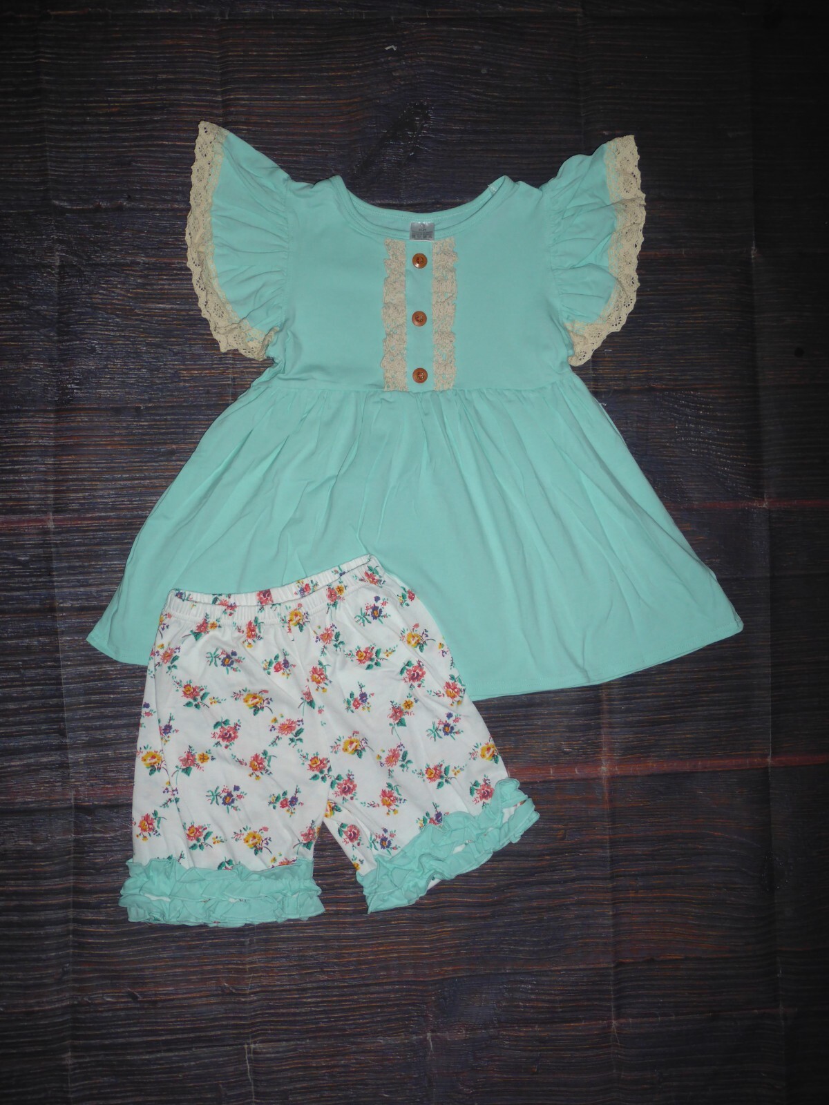 NEW Boutique Turquoise Tunic & Floral Shorts Girls Outfit Set