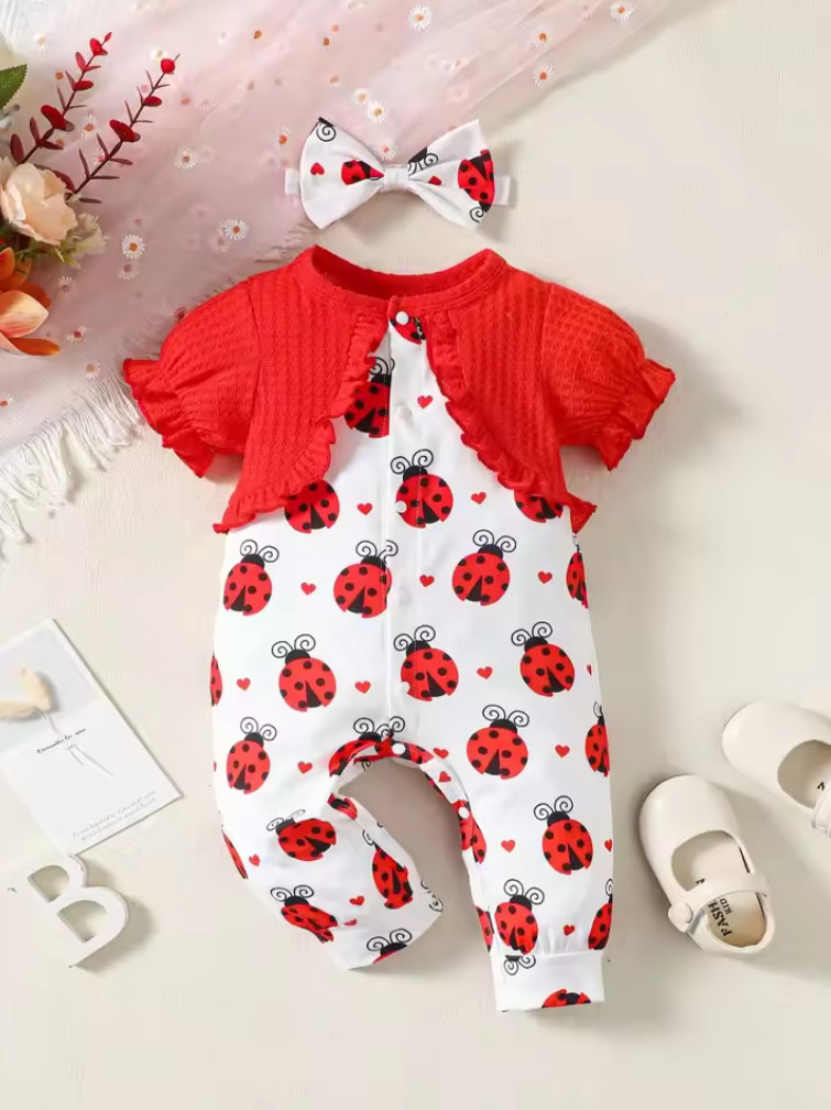 newborn baby Girl Summer round neck short sleeved Beetle peach heart printed
