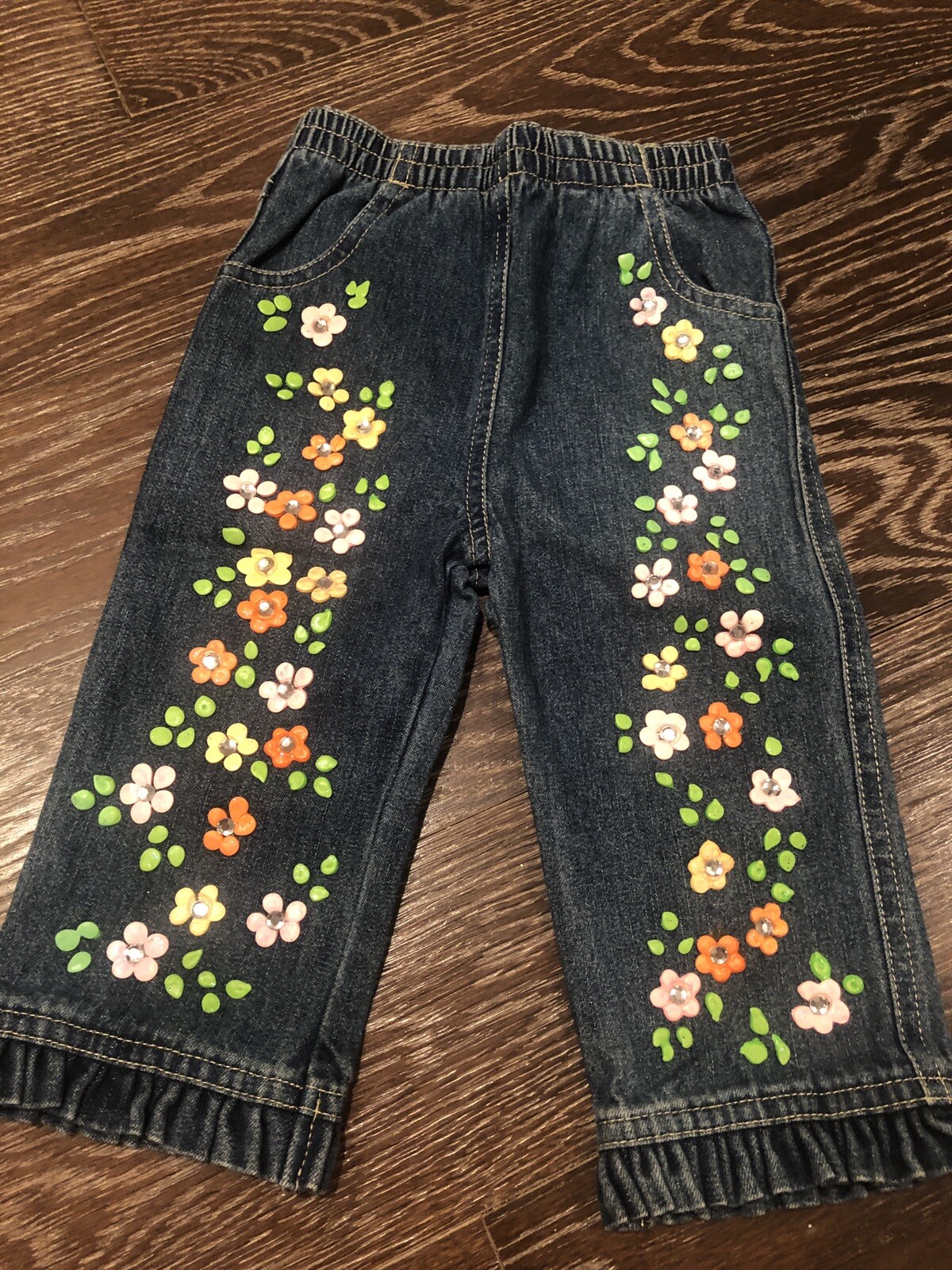 NWT $115 HAND PAINTED DENIM/ TOP SET W/ RHINESTONES SZ 12 MONTHS
