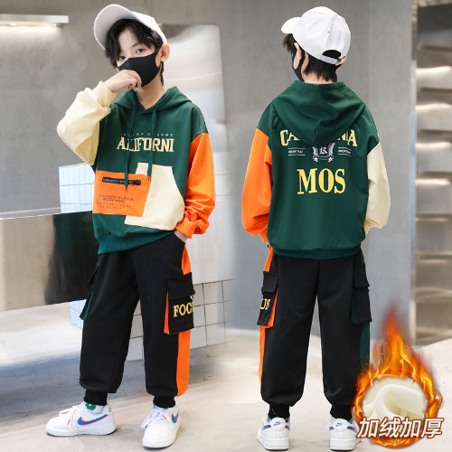 2PCs Children Clothing Fashion Patchwork Hooded Letters Print Sportswear Outfits