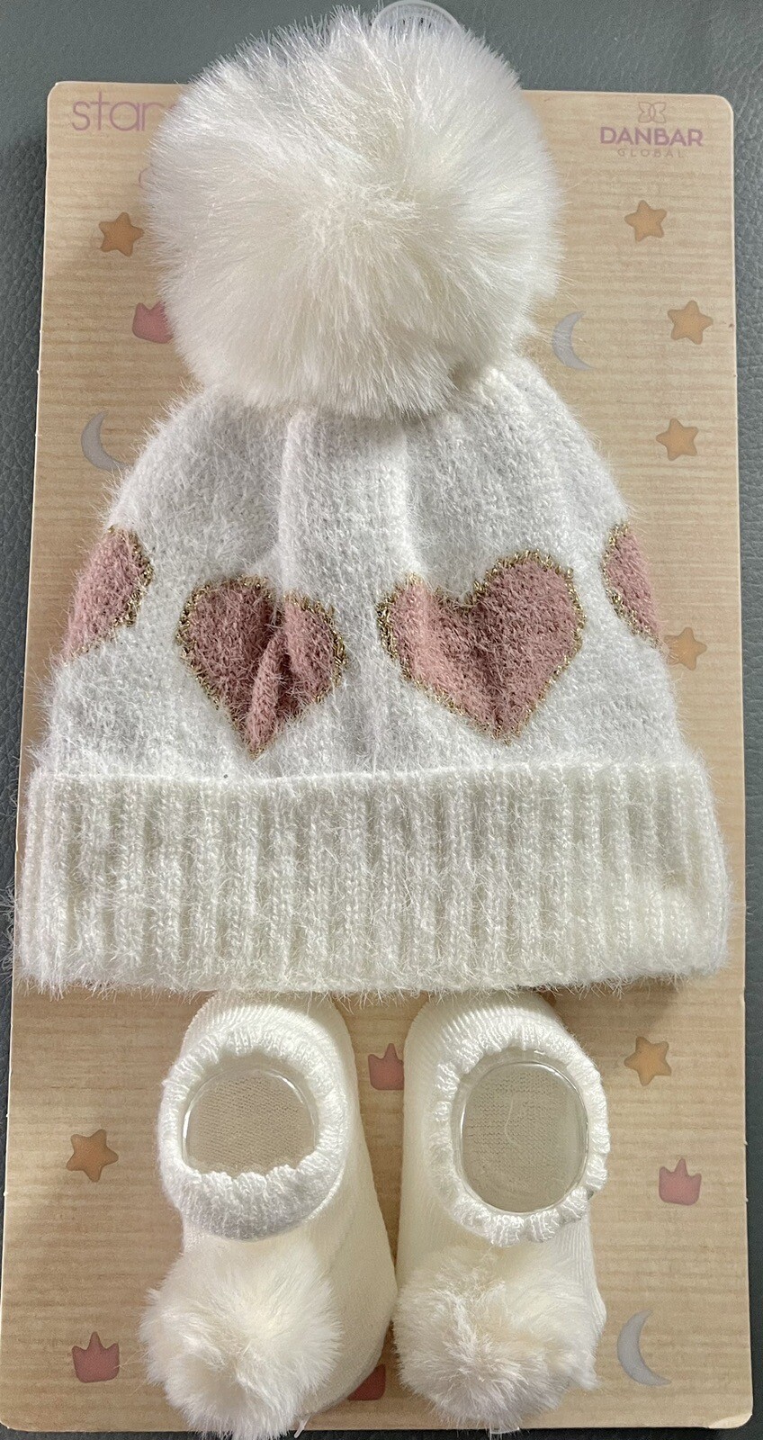 Danbar Global Infant Baby Girl Knitted Beanie and Booties Set 0-6 mos