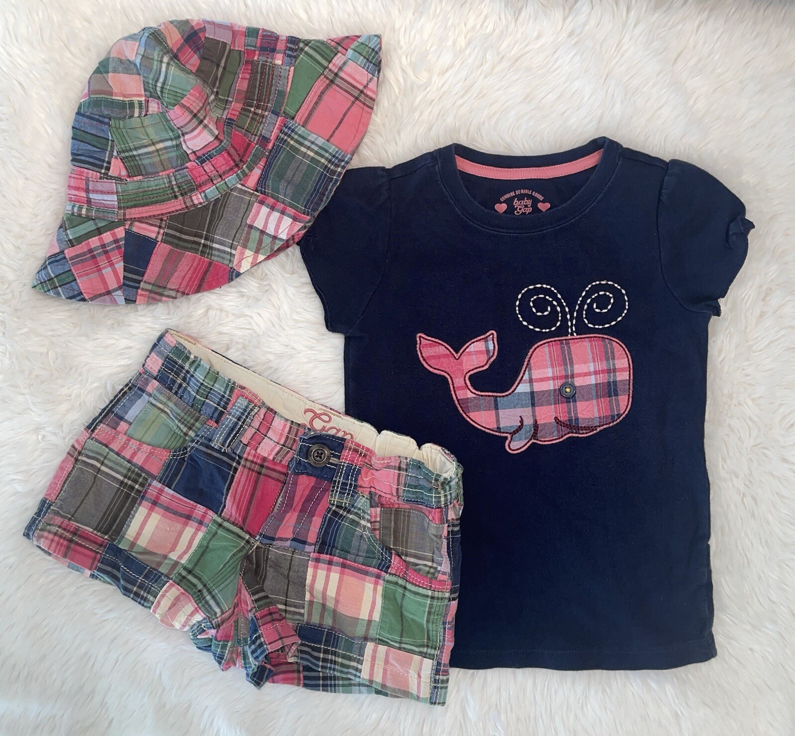 BABYGAP BABY GAP GIRLS 4 & 5 PLAID WHALE TEE SEASIDE LINE PLAID SHORTS HAT 3 PC