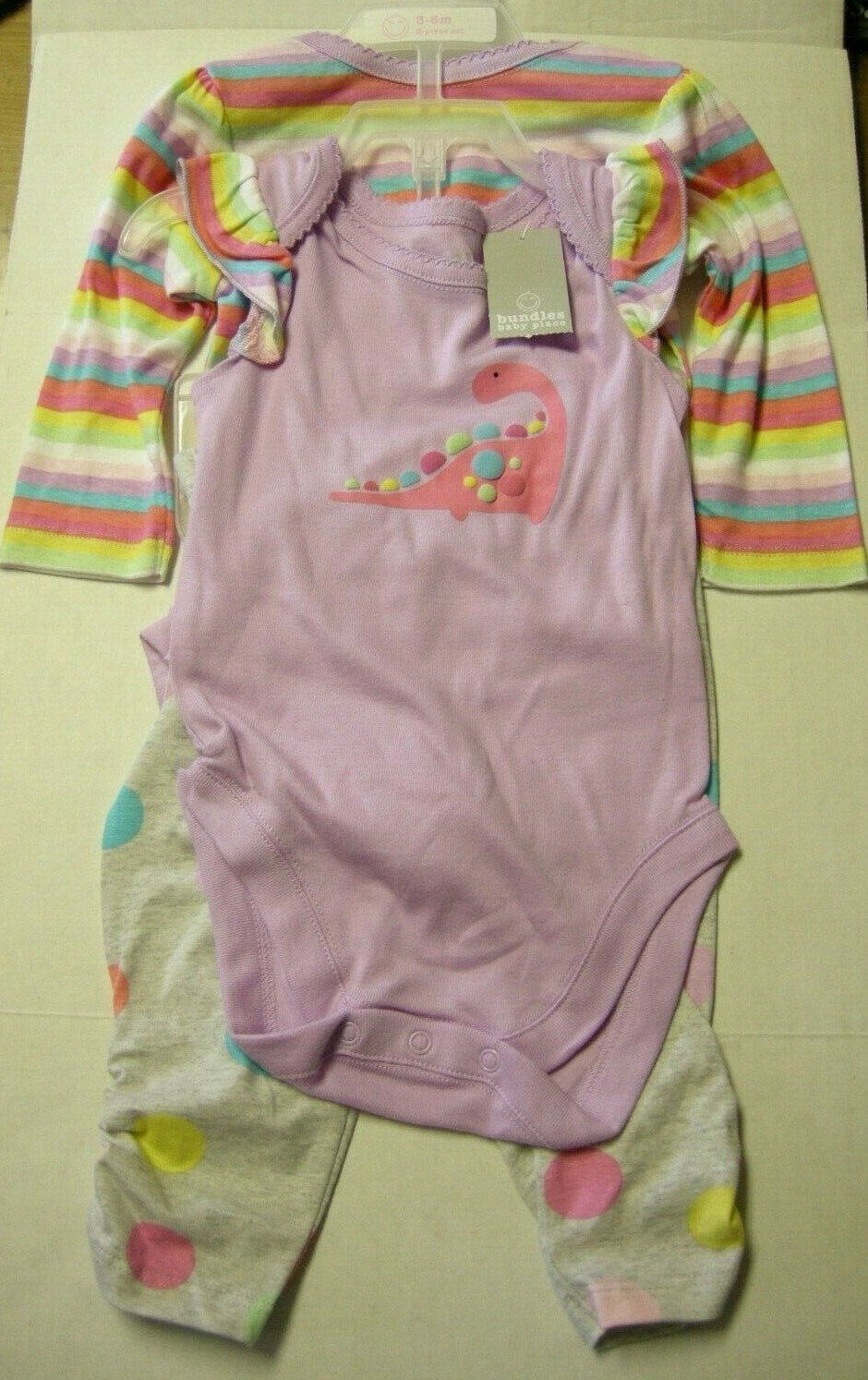 Baby 3 Piece Set By Bundles, Stripes, Dino, & Dots Design, 3-6 Mos., New