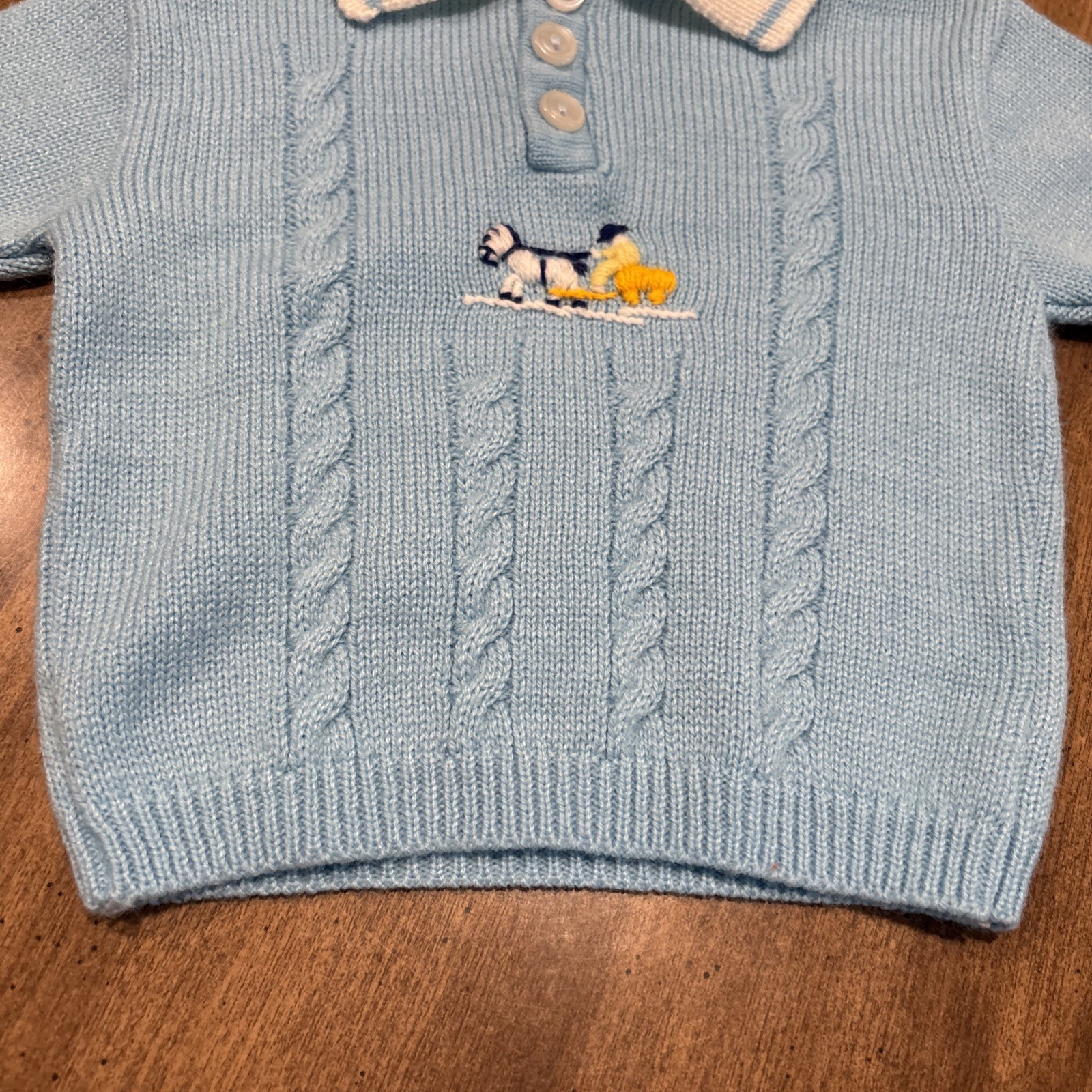 Vintage Retro BABY Boy Knit Soft Cable Sweater 0-6 ? Months Blue Horse Wagon