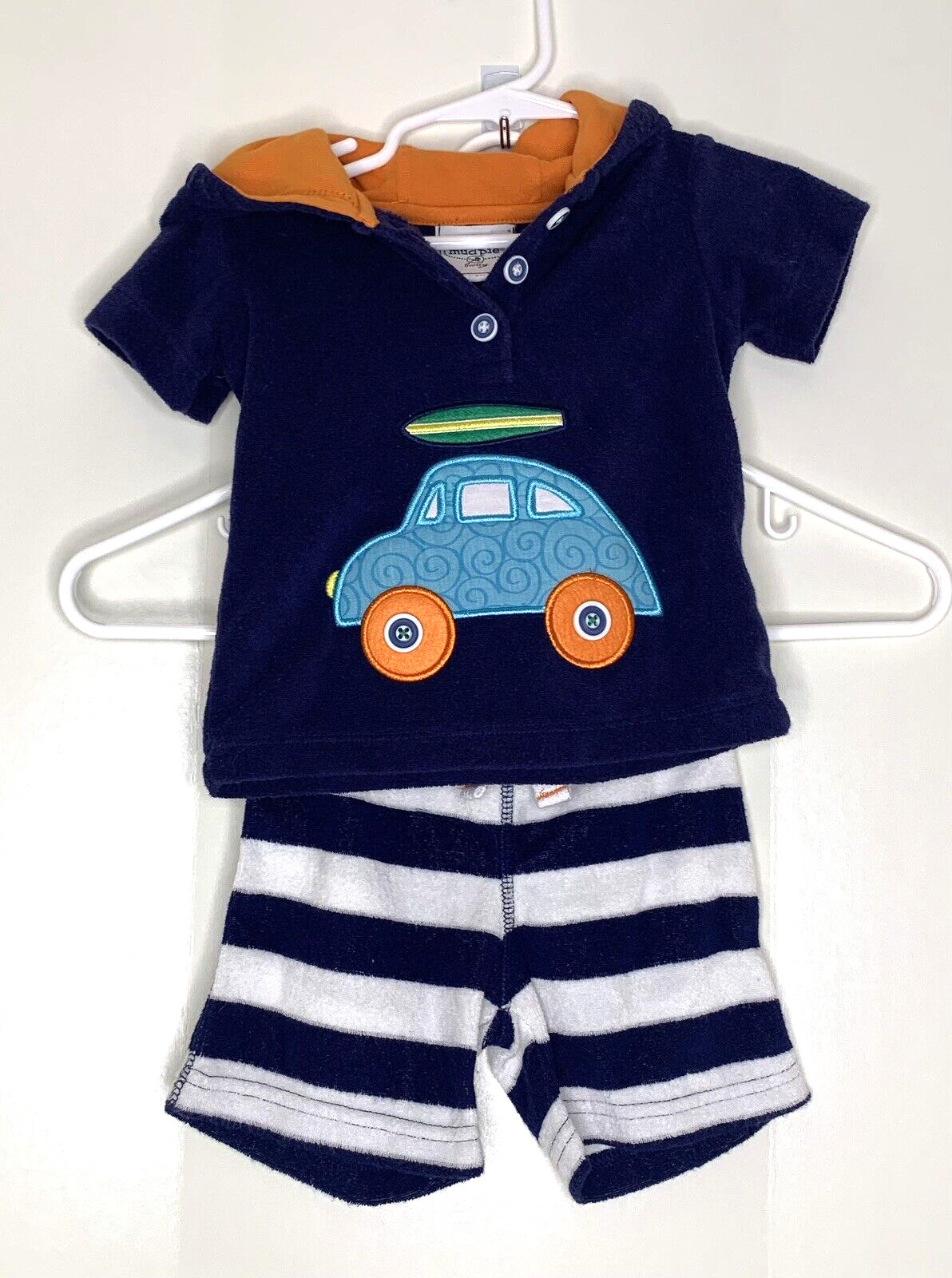 Mud Pie Baby Boy 0-6 mo Beach Terry Knit Set Top Shorts Car applique navy blue