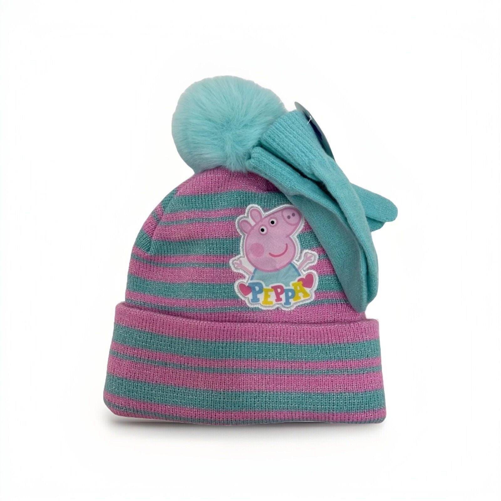 Hasbro Peppa Pig Toddler Hat & Glove Set Multicolored Striped Heart Pom-Pom