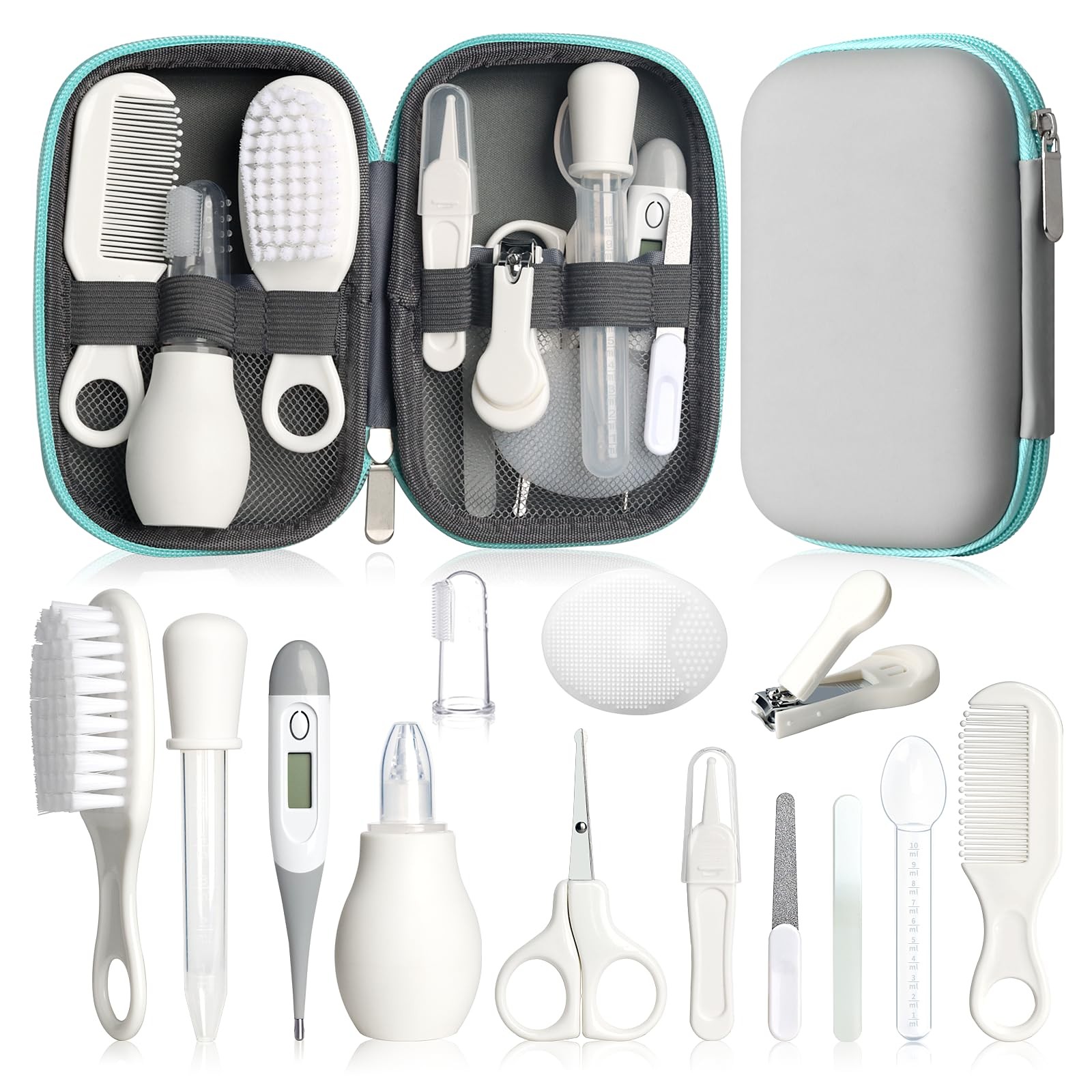 Baby Grooming Kit, Infant Safety Care Set with Hair Brush Comb Grey White