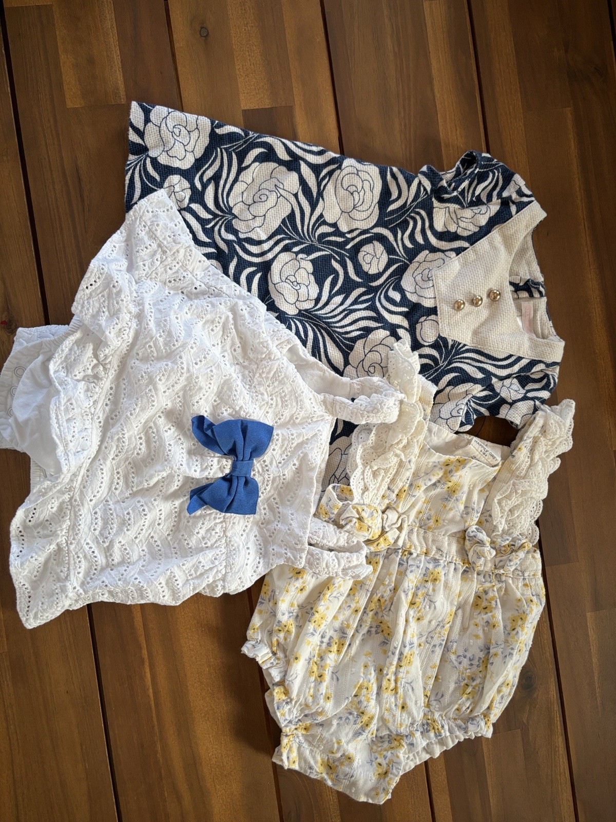 Mixed Brands Baby Girls 3-6M 3pc Outfit Set Floral Lace Dress + Romper Blue