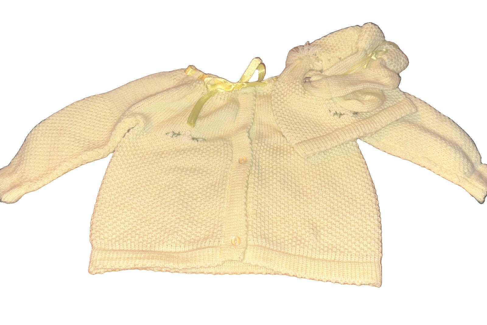 Latnel Knit Baby Sweater 3 Pc Set Cardigan Hat Booties Butter Yellow 6-12 Month