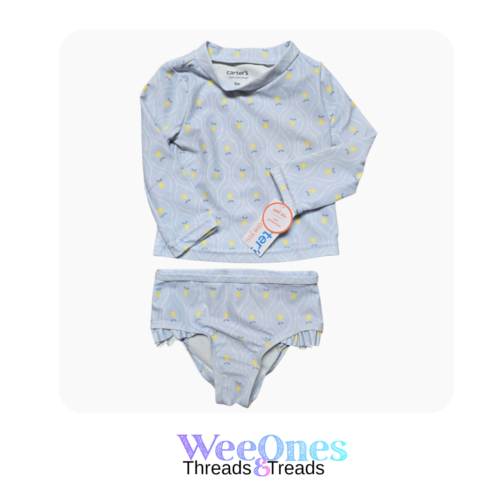 Girls 9mo Carter’s NWT 2 Pc Swimsuit Long Sleeve Light blue with Lemons