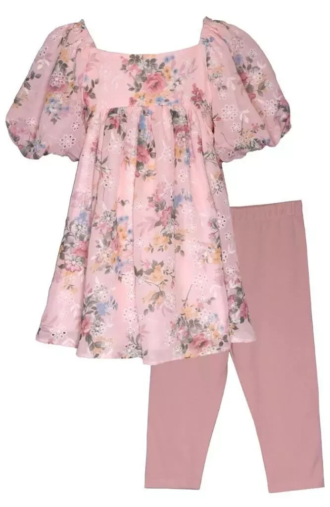 NWT Bonnie Jean Girls Floral Eyelet Capri Pants Set 3T Pink Puff Sleeve Outfit