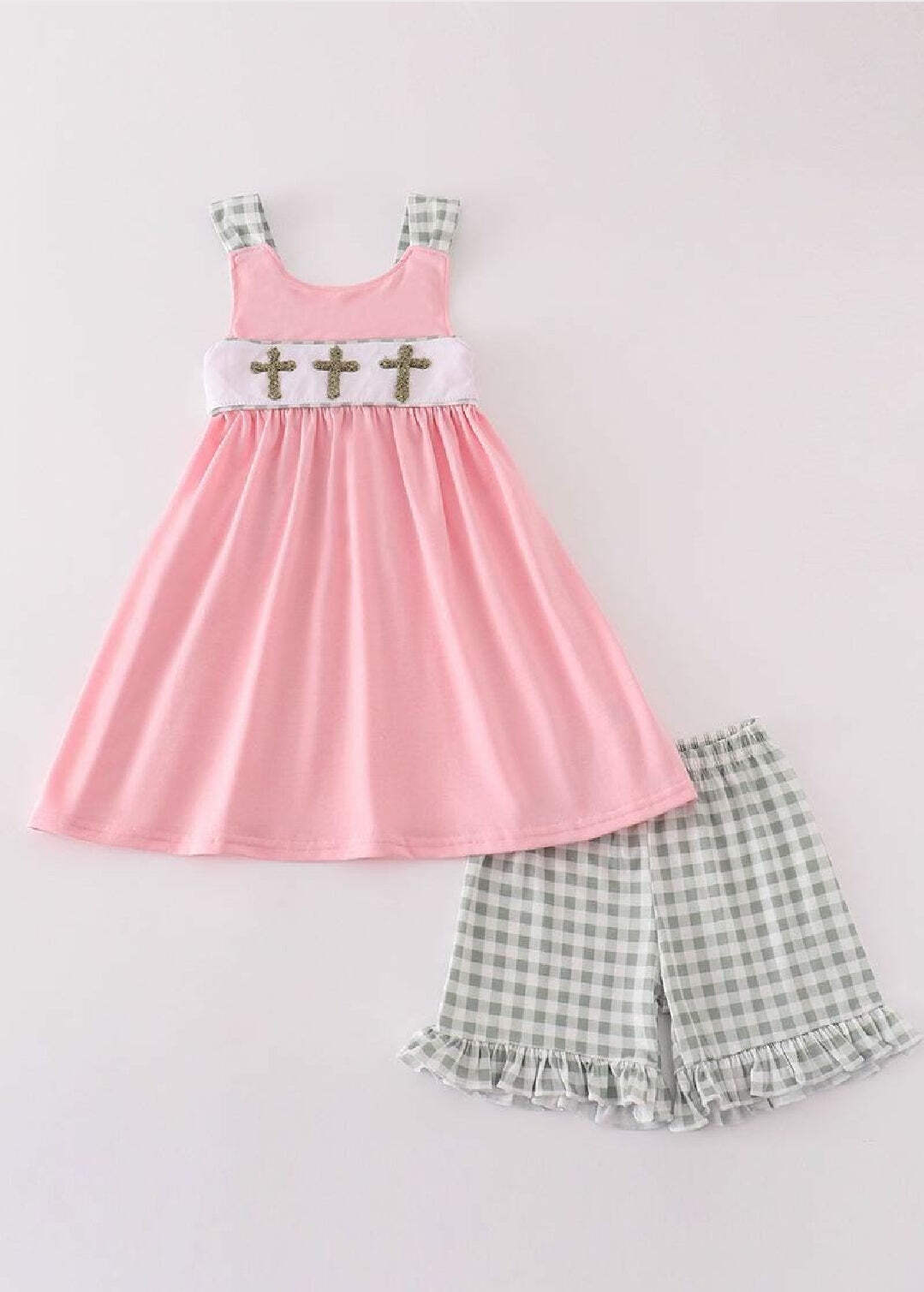 Girl’s Boutique Pink Easter Cross French Knot Girl Embroidered Embroidery Two Pi