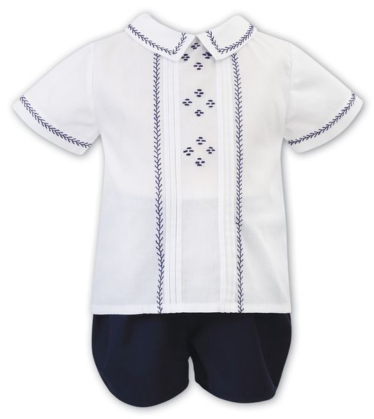 Sarah Louise – Boys White Shirt and Navy Blue Short Set – 6 Months