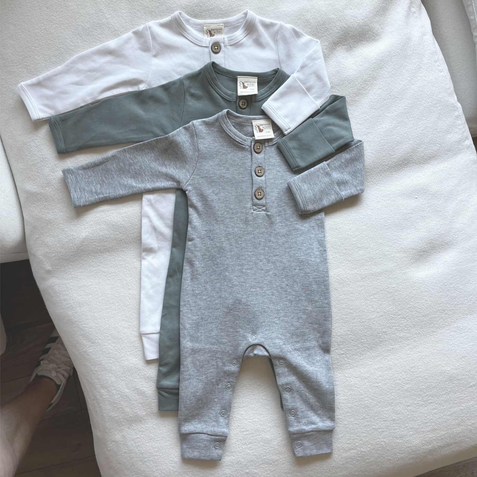 3 Organic Cotton Baby Rompers 6-12M Long Sleeve Fold Mittens Neutral Colors Soft