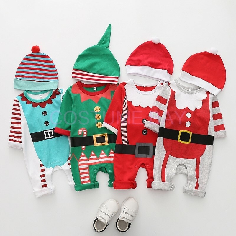 Christmas Xmas Boys Girls Baby Romper with Hat Bodysuit Cotton Costume Red Green