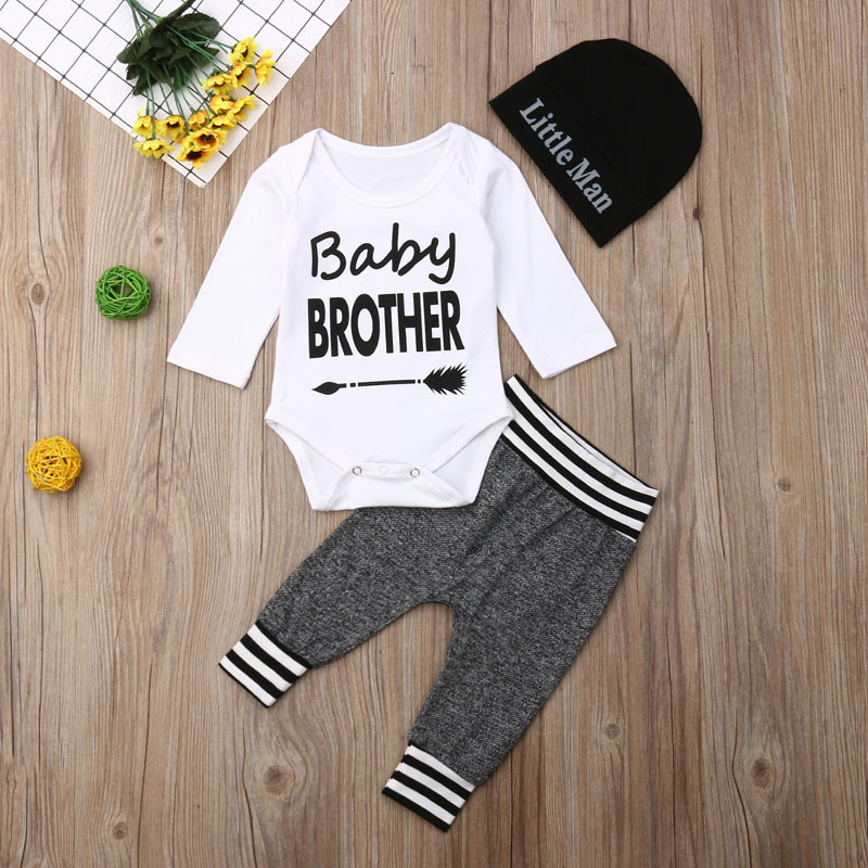 3Pcs Newborn Baby Boy Girl Bodysuit Jumpsuit Long Sleeve Romper Pants Hat Outfit