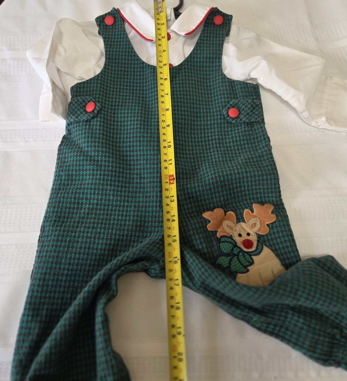 Reindeer Overalls Outfit Baby 18 Months Christmas Holiday Green Houndstooth 90s