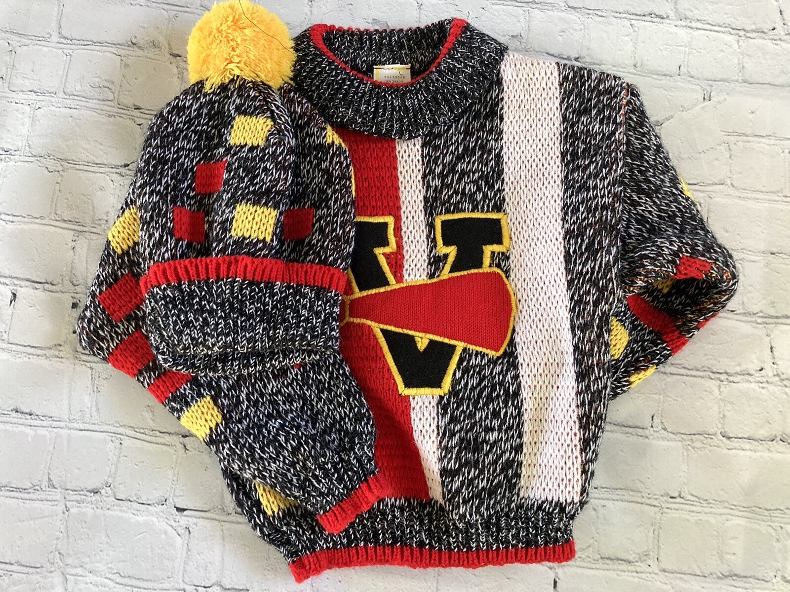 Vtg NOS Knit Sweater Pants Hat Outfit Set 2T Varsity Red Black White Stripe NEW