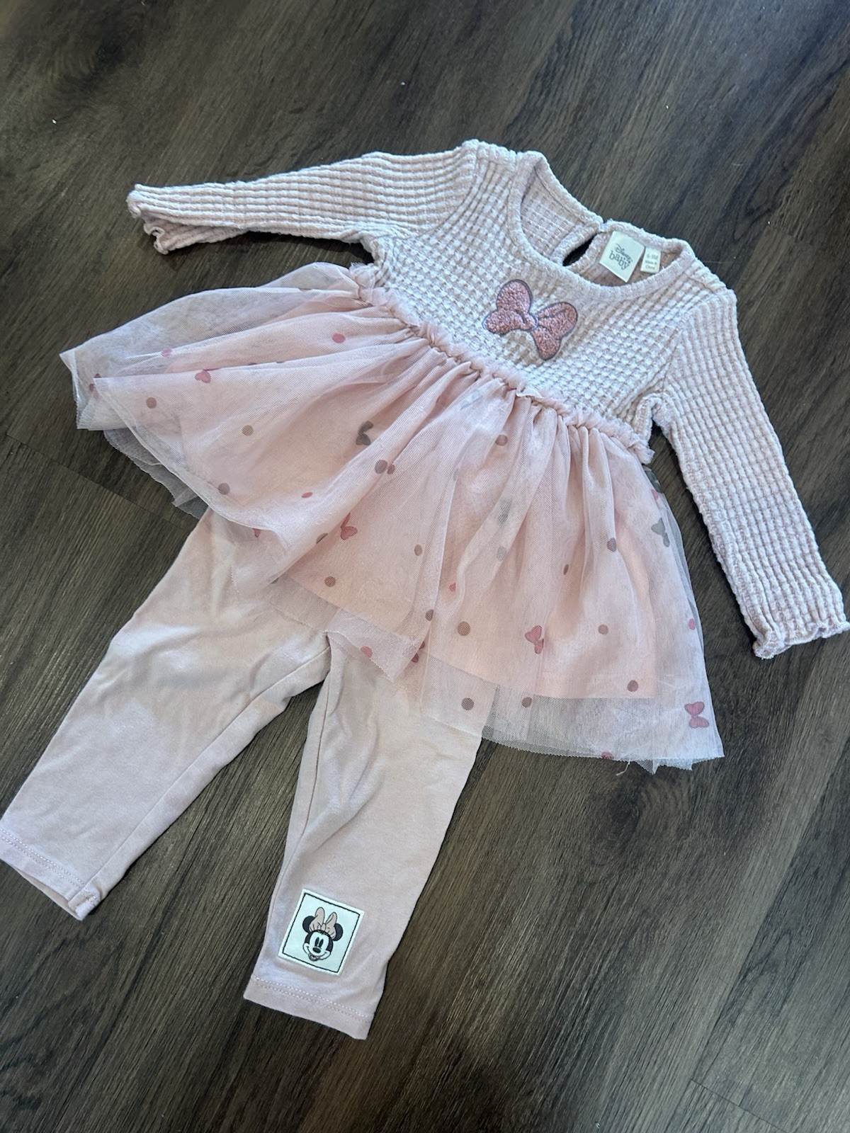 Disney Baby Pink Minnie Mouse Bow Dress and Pants Set Baby Girl Size 6-9 months