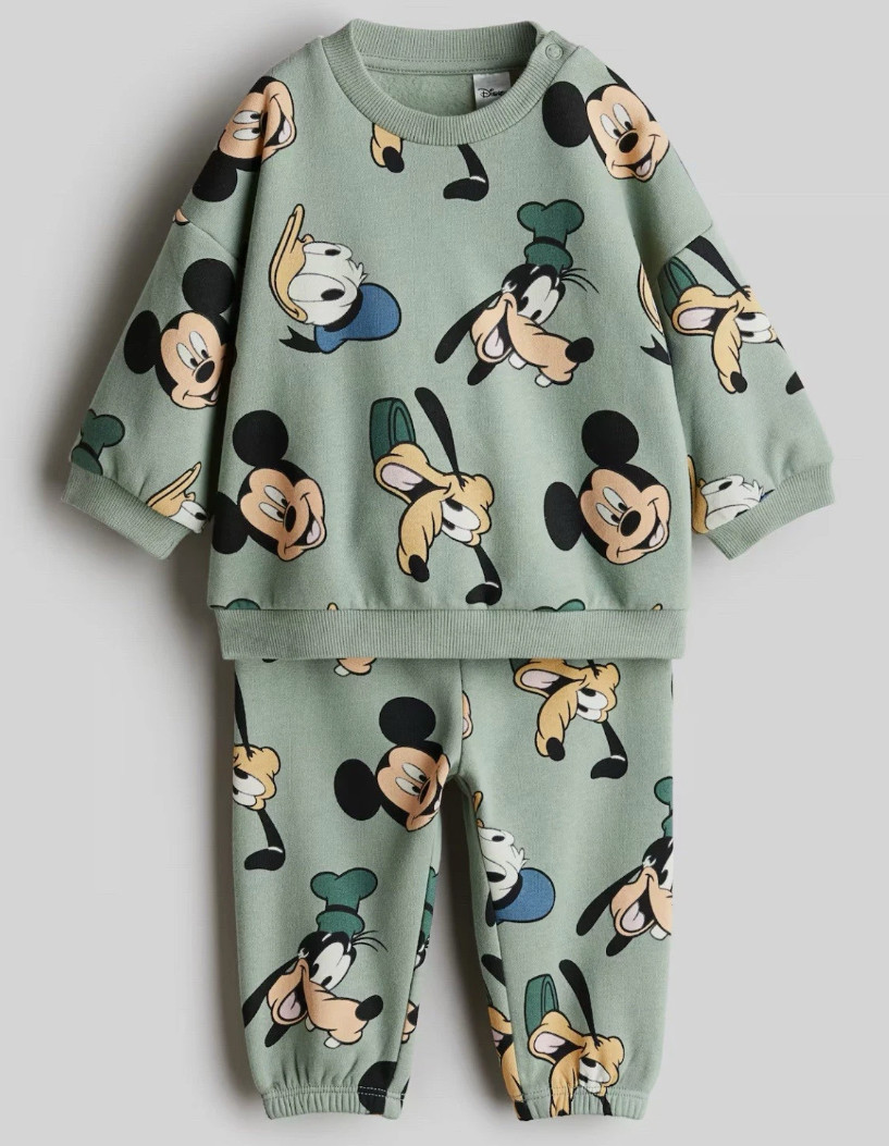 H&M Unisex Toddler 2Pc Set Disney Character Motif Green Mickey Mouse 9-12M NWT