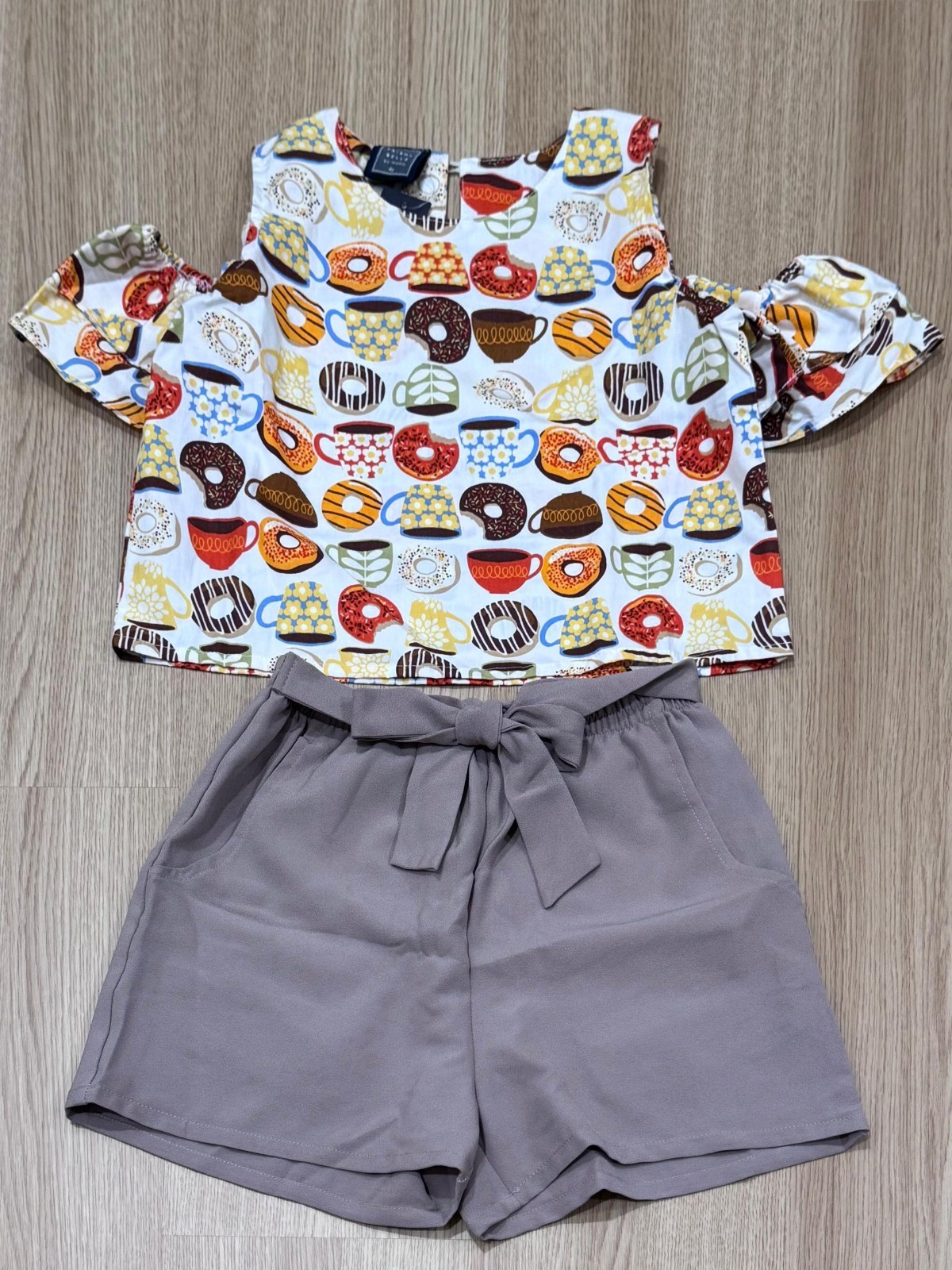Girls 2 Piece Outfit Cold Shoulder Top & Shorts Set Toddler Donut Print